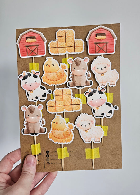 Farm Themed Cupcake Toppers – Hay & Barn Animals – 1st Birthday or Baby Shower Decor